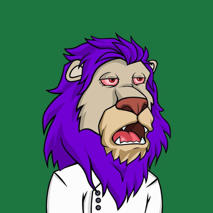 Cartoon illustration of an angry-looking anthropomorphic lion with a purple mane, red eyes, and fangs, wearing a white shirt against a green background.