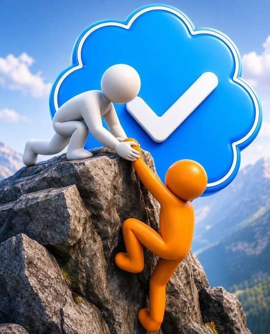 A 3D illustration shows a white figure pulling an orange figure up a rocky cliff, with a large blue cloud and white checkmark behind them against a mountain backdrop.