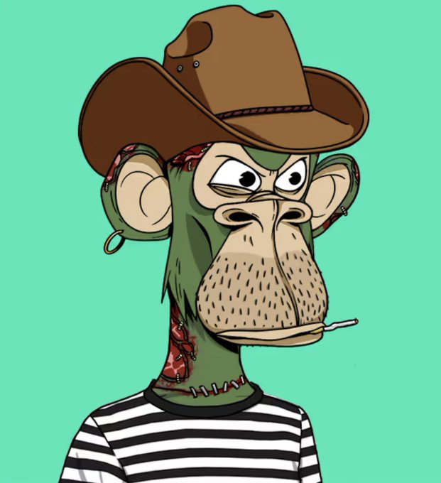 A cartoon illustration of a green-skinned monkey wearing a brown cowboy hat, a black-and-white striped shirt, with a stitched scar on its neck, smoking a cigarette, set against a teal background.