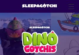 The image features a website for a cartoon character named Sleepagotchi. The website has a purple background with white text, displaying the title "SLEEPAGOTCHI" at the top of the page. Below this, there is a small image of a cartoon dinosaur in green and pink colors holding a blue ball. The main content of the post is about a character named Sleepagotchi who has been described as having a "priority‑master" status.