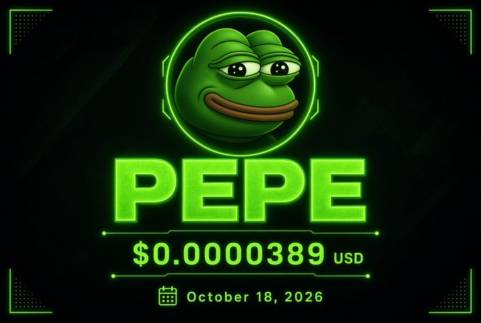 A neon green graphic featuring the Pepe the Frog meme with the text 'PEPE', a price of '$0.0000389 USD', and the date 'October 18, 2026'.