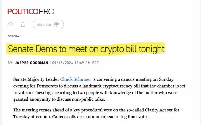 Politico Pro article headline highlighted: 'Senate Dems to meet on crypto bill tonight,' by Jasper Goodman, dated 09/13/2026, regarding Senate Majority Leader Chuck Schumer's caucus meeting on the Clarity Act.
