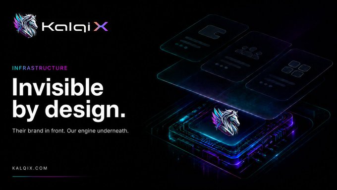 A sleek, dark-themed promotional graphic for 'KalqiX' with the tagline 'Invisible by design. Their brand in front. Our engine underneath.' and the website 'KALQIX.COM', featuring neon purple tech-inspired UI elements.