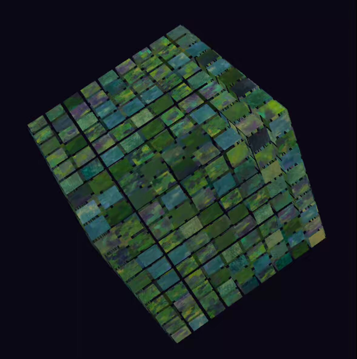 A digitally rendered cube with a textured surface of green, teal, and purple iridescent tiles floats against a black background, evoking the aesthetic of a Pepe-themed digital asset or NFT art piece. The vibrant, meme-inspired artwork aligns with the post's dedication to a friend who loves Pepe, presented as a cool, stylized token of appreciation.