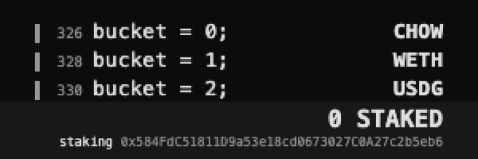 A terminal output displaying three token bucket assignments—CHOW at 0, WETH at 1, and USDG at 2—along with a contract address (0x584FdC51811D9a53e18cd0673027C0A27c2b5eb6), with "CHOW" highlighted to tie in with the post about the Robinhood token banner on Moby.