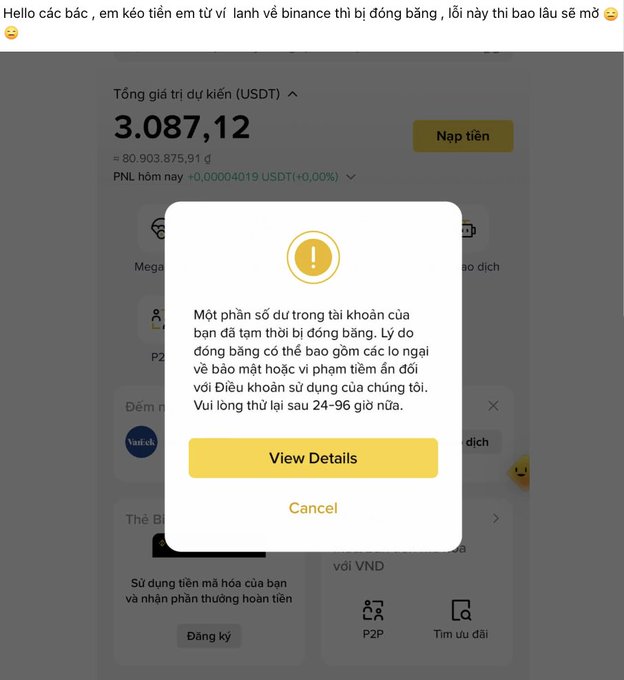 A screenshot of a Binance account notification in Vietnamese warning that funds transferred from a cold wallet have been frozen, showing a balance of 3,087.12 USDT (≈80,903,875.91 VND) and a message stating the freeze may relate to security or terms of service violations, with a request to wait 24-96 hours. This illustrates the user's complaint about Binance freezing funds even when sent from a legitimate cold wallet, unlike transfers from hot wallets like OKX or Metamask.