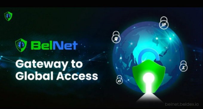 A promotional banner for 'BelNet - Gateway to Global Access' features a glowing keyhole graphic over a globe, surrounded by icons of padlocks and a user, with the URL 'belnet.beldex.io'.