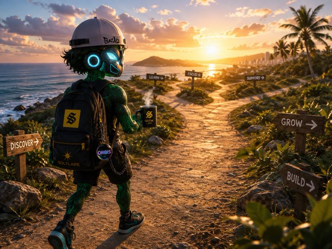 A digital artwork of a green-skinned cyborg character with glowing blue eyes wearing a backpack and cap, walking along a coastal path at sunset toward signs labeled "LEARN", "FOCUS", "SUPPORT", "DISCOVER", "GROW", and "BUILD".