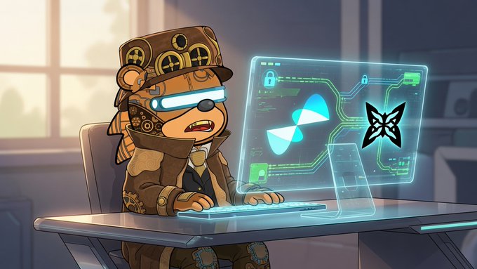 A cartoon illustration of a steampunk-style bear character wearing VR goggles, working at a computer displaying circuit board graphics and butterfly/wing logos on a holographic screen.
