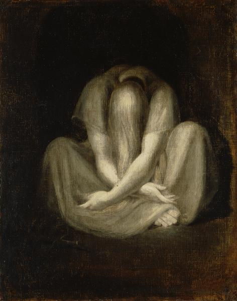 A haunting monochromatic painting by Henry Fuseli depicting a shrouded, faceless figure huddled in a crouched, introspective pose against a dark background, embodying the silent stillness suggested by the title. The absence of facial features and the figure's inward-turned posture convey a profound sense of isolation and quiet despair.