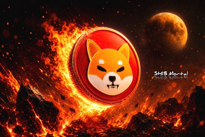 A Shiba Inu coin engulfed in flames with a fiery moon in the background, labeled "SHIB Mortal," visually reinforcing the post's theme of $SHIB's burn rate hitting a parabolic 117M+ tokens in 24 hours.
