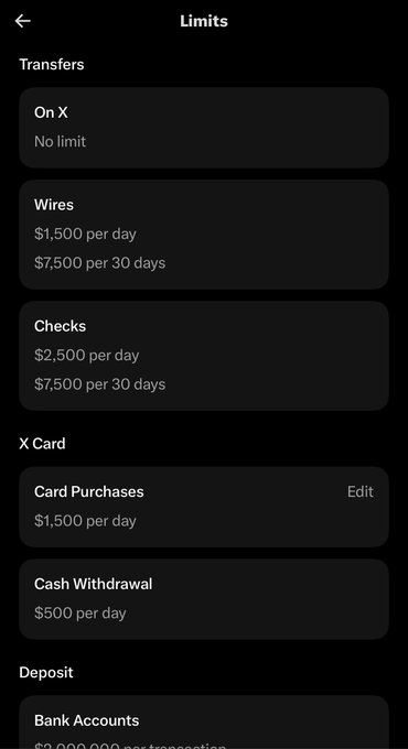 A mobile app screen showing financial 'Limits' for transfers, wires, and checks, including $1,500 per day wires and $2,500 per day checks.