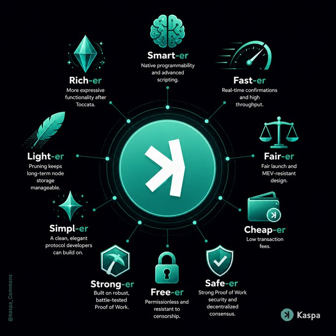 A circular Kaspa infographic highlights ten "-er" advantages, including Smart-er (Native programmability and advanced scripting), Fast-er (Real-time confirmations and high throughput), Fair-er (Fair launch and MEV-resistant design), and Cheap-er (Low transaction fees), matching the post's theme of Kaspa's nine additional improvements.