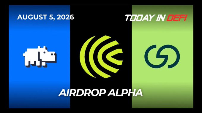 A promotional graphic with 'AUGUST 5, 2026' and 'TODAY IN DEFI' text, featuring a pixelated hippo logo on a blue panel, a green 'AIRDROP ALPHA' logo in the center, and a 'G' logo on a green panel.