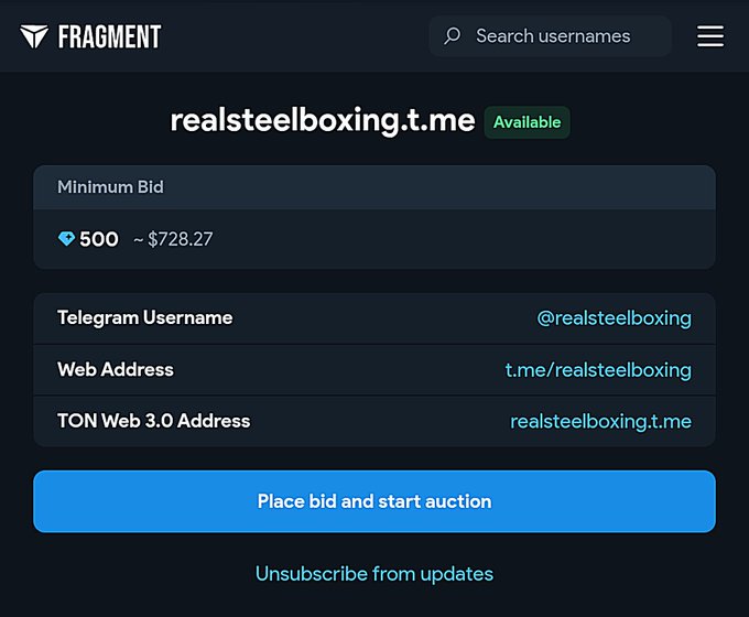 The image shows a Fragment auction page for the Telegram username "realsteelboxing.t.me" with an "Available" status, featuring a minimum bid of 500 TON (~$728.27), and displaying the handles @realsteelboxing, t.me/realsteelboxing, and the TON Web 3.0 address above a blue "Place bid and start auction" button. The page directly supports the post's call to action by showing the current bid requirements and purchase option for the @RealSteelBoxing handle.