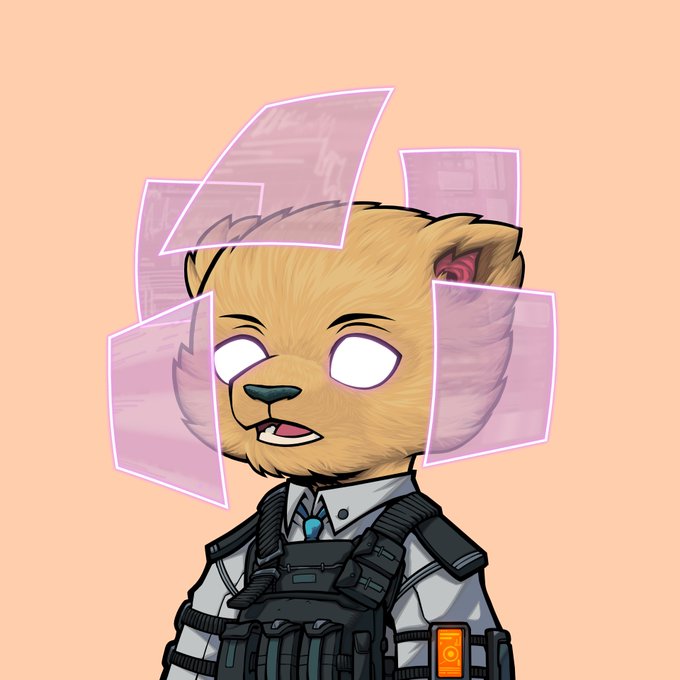 The image features a cartoon bear wearing a black suit with a white shirt underneath. The bear has a serious expression as if it's contemplating something or pondering over a problem. The background of the image is orange, which contrasts nicely with the bear's dark fur and adds depth to the scene. There are also pink neon squares in the image that appear to be floating around the bear, giving an impression of a futuristic setting. The caption "GM Sols, hope you have an amazing day" suggests that the bear might be contemplating or pondering over something important, possibly related to GM Sols or their adventures together.