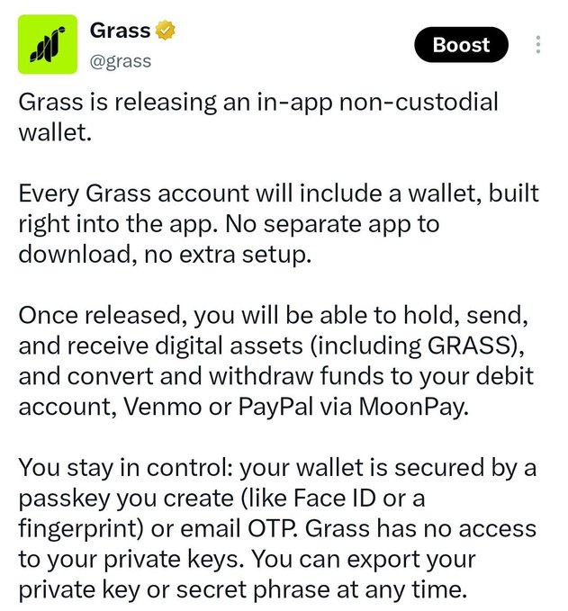 An official announcement from Grass (@grass) introducing an upcoming in-app non-custodial wallet launching mid-July, allowing users to hold, send, and receive digital assets like GRASS, with funds secured via passkeys (Face ID/fingerprint) or email OTP and no Grass access to private keys.
