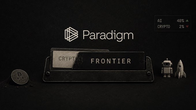 A dark-themed graphic displaying the 'Paradigm' logo above a 'CRYPTO FRONTIER' label, with small indicators showing 'AI 40%' and 'CRYPTO 2%' alongside a Bitcoin coin and robot/rocket figurines.