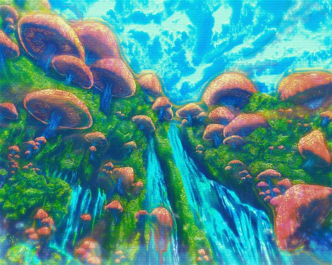 A vibrant psychedelic digital artwork featuring large pink/coral mushrooms, lush green moss, and bright turquoise waterfalls under a blue sky.