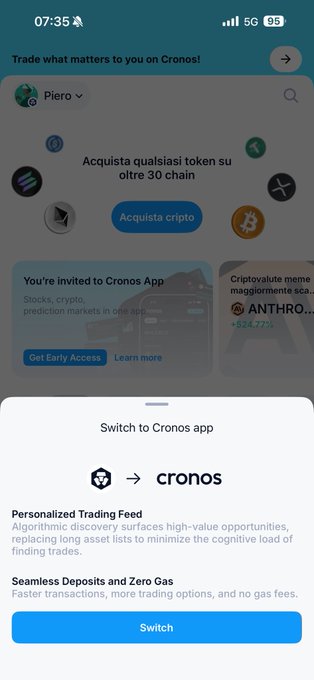 A mobile screenshot showing a 'Switch to Cronos app' prompt highlighting 'Personalized Trading Feed' and 'Seamless Deposits and Zero Gas' features.