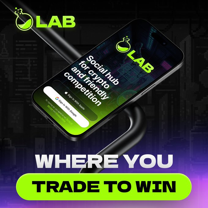 The image features a cell phone showing its screen, which has a text overlay that reads "@LABTrade_" followed by a description of the app's seamless experience, emphasizing the ease of trade execution. The overlay also provides information about trading daily for rewards during the ongoing season and encourages users to actively engage with the app. This can be an advertisement or promotional content related to LabTrade apps.