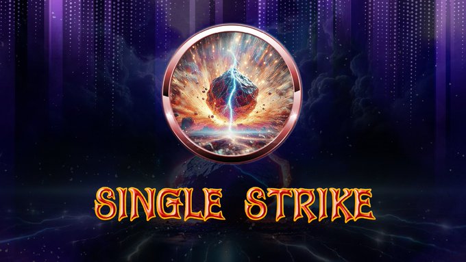 The image features a purple background with a large explosion at its center, surrounded by stars. The text "Single Strike" is written above the explosion, indicating that this is part of a game or promotional material for Single Strike. The game description suggests that players must choose their hero and face off against the Dark Lord in a single daily battle to win points and advance through levels.