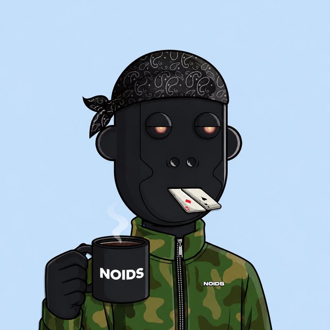 A cartoon character with a black bandana and mask, holding playing cards in their mouth and a black mug labeled 'NOIDS', wearing a camouflage jacket with 'NOIDS' on the chest.
