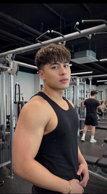 A young man with styled brown hair wearing a black tank top and a gold necklace stands in a gym, looking directly at the camera.