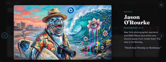 An artist profile card featuring a colorful illustration of a seal wearing a Hawaiian shirt and straw hat holding a camera. Text reads 'ARTISTS Jason O'Rourke @jasonohphoto on X' with a description: 'New York photographer, wanderer and 6529 Meme Card artist who shoots waves from inside them. The seal is his Monday.'