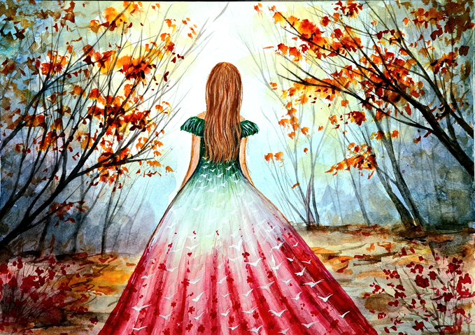 The image features a painting of a woman wearing a long, flowy dress with pink and green colors. The painting depicts her walking through an autumn forest filled with trees displaying orange leaves. The background of the painting is a light blue color that contrasts with the warm tones of the autumn foliage. The artist's signature can be seen in the bottom right corner of the image.