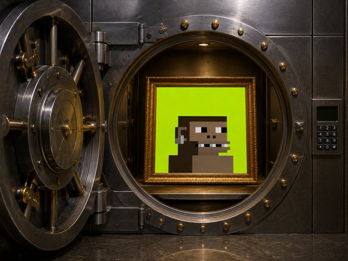 A Minecraft-style pixelated monkey face is displayed in an ornate gold frame inside a large open bank vault, set against a bright neon green background.