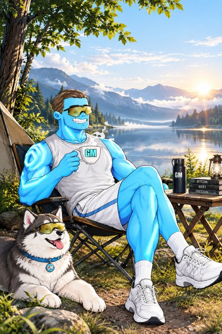 A digital illustration of a blue-skinned superhero character wearing a 'GM' tank top, sunglasses, and white sneakers, relaxing by a mountain lake with a husky and books labeled 'Bitcoin, Web3, Freedom.'
