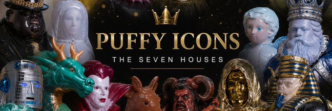 A promotional graphic for 'PUFFY ICONS' subtitled 'THE SEVEN HOUSES' featuring various ornate sculptural busts including Egyptian pharaohs, a ram, and classical figures against a starry background.