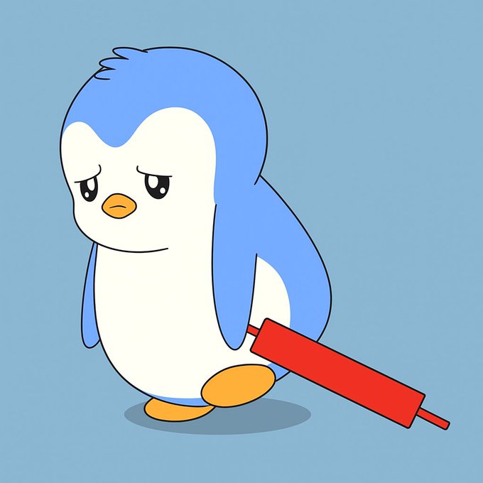 A sad, droopy cartoon penguin stands listlessly against a blue background while leaning on a red rolling pin. The image humorously conveys skepticism toward the post's claim that Q4 is always favorable for crypto, with the penguin's melancholy expression suggesting doubt about an impending bull-run.