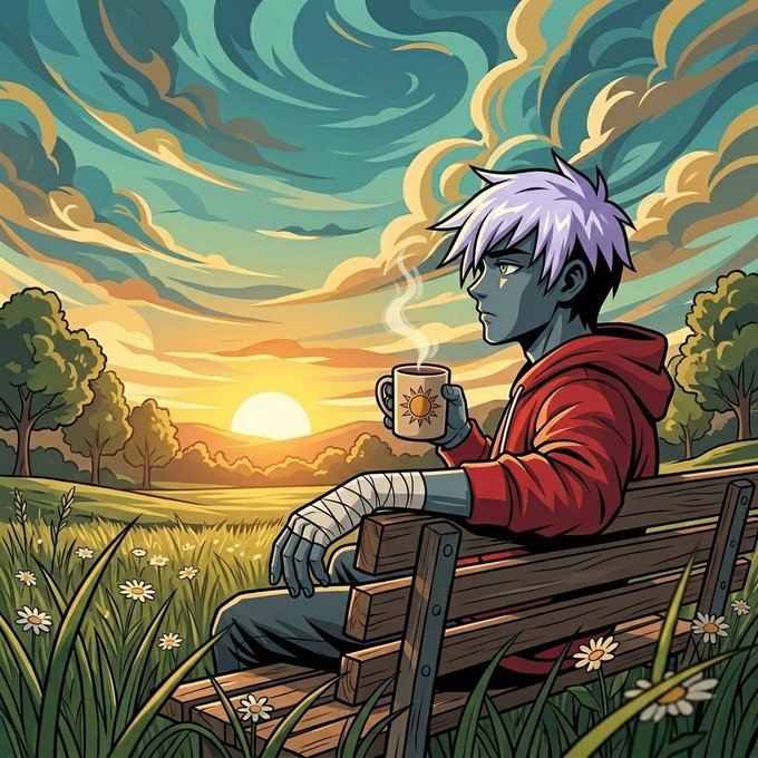 A blue-skinned anime-style character with white hair sits on a wooden bench in a grassy field at sunset, holding a steaming mug with a sun emblem while wrapped in a red hoodie. The serene, contemplative scene of enjoying a warm drink at dawn complements the "Gm web3 folks, lets connect" greeting, evoking the cozy morning ritual common in crypto social media culture.