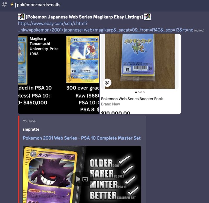 A Discord channel called #pokémon-cards-calls showing listings for Japanese Pokémon cards including a Magikarp Tamamushi University Prize 1998 card and a Pokemon Web Series Booster Pack listed at $10,000.00.