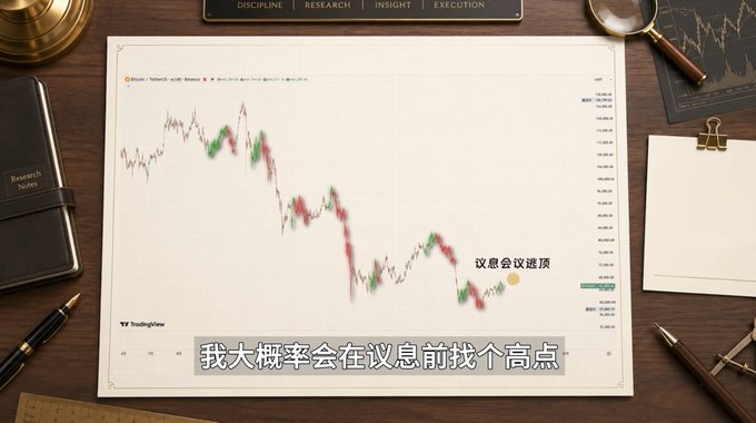 A candlestick chart on TradingView displays Bitcoin's downward price trend, annotated with "议息会议前顶" (top before FOMC meeting) and Chinese subtitles stating "我大概率会在议息前找个高点" (I'll most likely find a high point before the FOMC), visually reinforcing the post's concern about an upcoming rate hike announcement affecting Bitcoin's price.