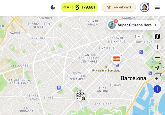 A map interface centered on Barcelona showing user stats of '48' and '$ 179,681', a 'Leaderboard' button, and user pins labeled 'Super Citizens Here' and '....LOCKCH ONVEH'.
