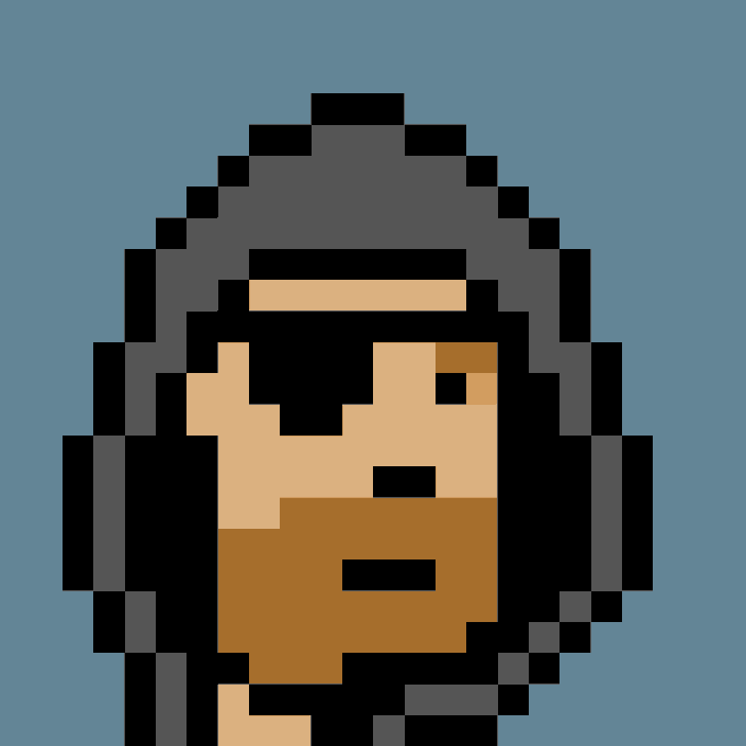 A pixel art portrait of a hooded figure with a beard against a blue background, reminiscent of early video game character designs.