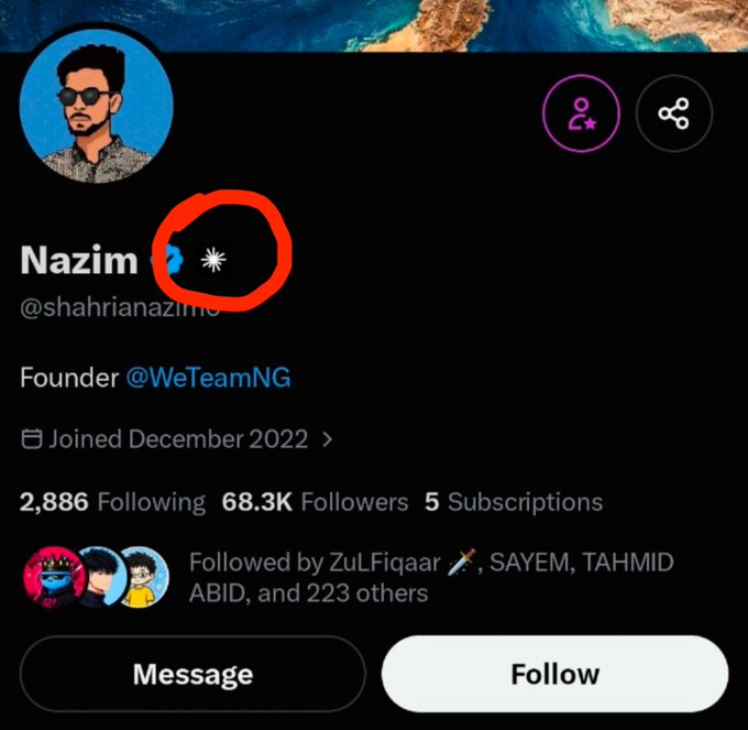 A Twitter/X profile page for 'Nazim' (@shahriannazim), Founder @WeTeamNG, with 68.3K followers, featuring a circled blue verification badge with an asterisk next to the name.