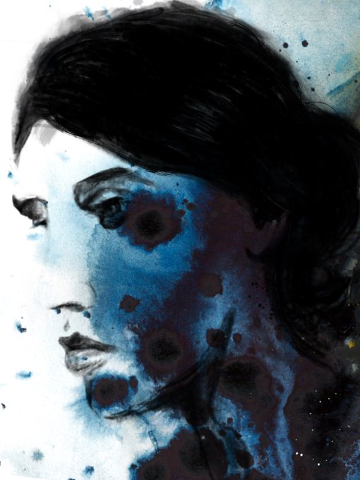 An expressive blue and black watercolor painting of a woman's face in profile with dramatic ink splatters.