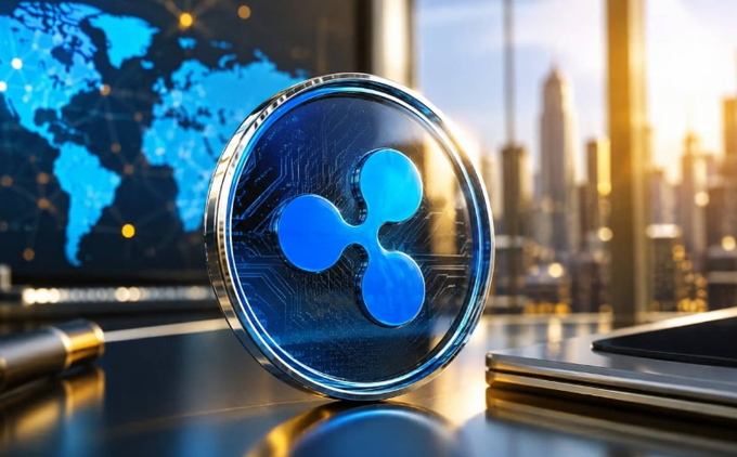 A stylized 3D rendering of the Ripple (XRP) logo as a metallic blue coin on a desk, with a glowing world map and a sunlit cityscape visible in the background.
