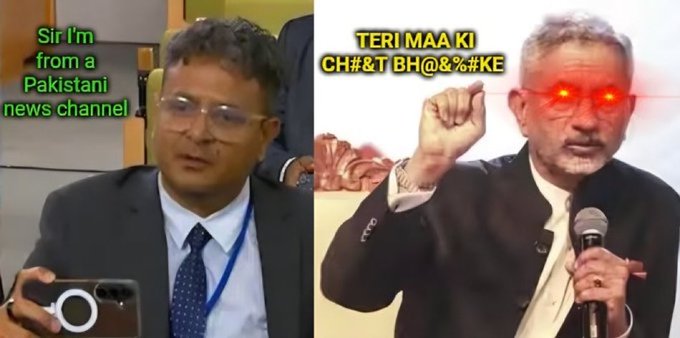 A side-by-side image shows a Pakistani news reporter (labeled "Sir I'm from a Pakistani news channel") on the left, while on the right a man speaking into a microphone has "laser eye" effects added to his eyes with the text "TERI MAA KI CH#&T BH@&#KE" above him, matching the post's reference to the viral "laser eyes" meme trend.