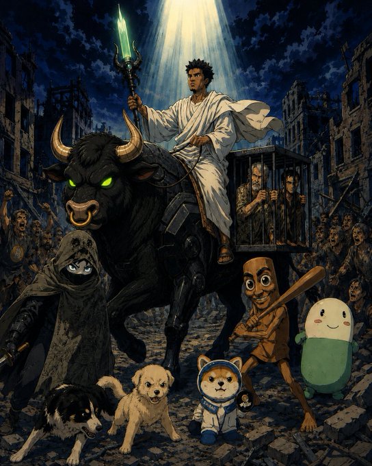 The image depicts a heroic scene where a figure in white robes rides a glowing-eyed black bull through a post-apocalyptic wasteland, carrying a cage with captives while wielding a green-glowing staff, accompanied by various companions including dogs, a shark in a hood, a wooden figure with a bat, and a green pill-shaped character.

The image relates to the post by presenting an exaggerated, meme-like "sending" of chaos and destruction—visually representing the idea of dispatching someone ($ANSEM) who replies, blending crypto culture absurdity with dramatic fantasy artwork to humorously imply a threatening response to engagement.
