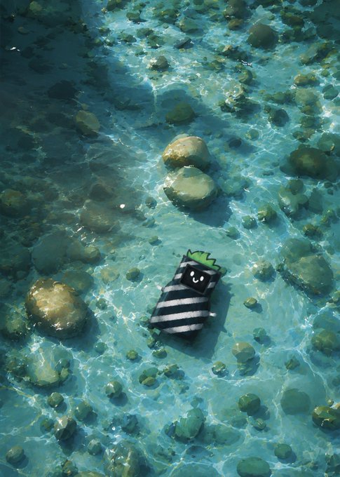 A small black-and-white striped pixel art character with green leaf-like hair floats in a shallow, crystal-clear turquoise stream scattered with smooth pebbles. The "PRINTER" character visually ties to the post's ticker $PRINTER, symbolizing its role in "printing" gains in a lively morning crypto call.