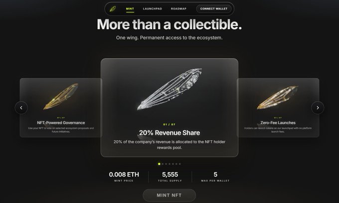 A sleek website interface showcases an NFT minting page titled "More than a collectible" with features like "20% Revenue Share," "NFT-Powered Governance," and "Zero-Fee Launches," priced at 0.008 ETH with a total supply of 5,555 and a max of 5 per wallet. The image connects to Swarm Pad's curated launchpad model on Robinhood Chain, emphasizing quality vetting and substantive utility rather than speculative memecoins.