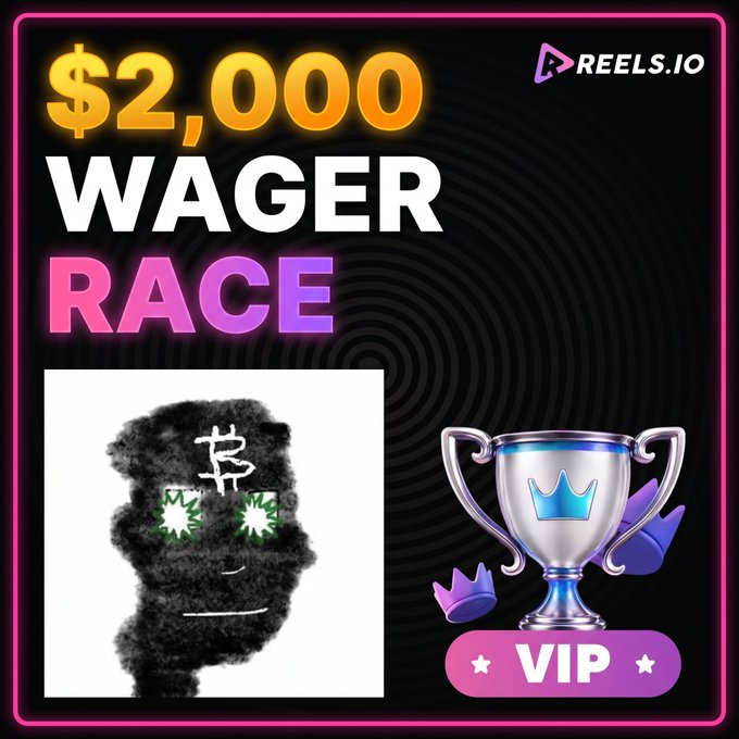 A promotional graphic for a "$2,000 WAGER RACE" on Reels.io, featuring a dark silhouetted figure with glowing green eyes and a Bitcoin symbol above a silver VIP trophy. The image advertises the betting competition mentioned in the post, highlighting the $2,000 prize and VIP status for participants who sign up using the referrer's link within the 10-day timeframe.