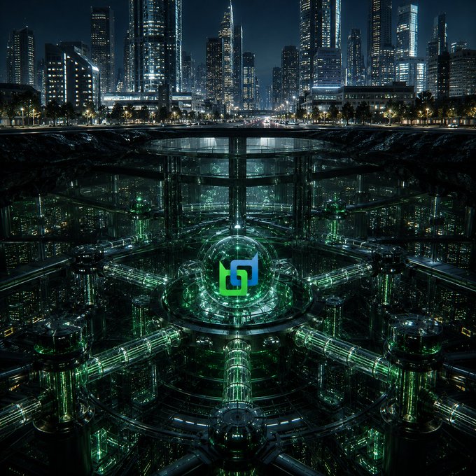 A futuristic cityscape with illuminated skyscrapers reflecting into a vast underground facility featuring glowing green servers and a central holographic logo.