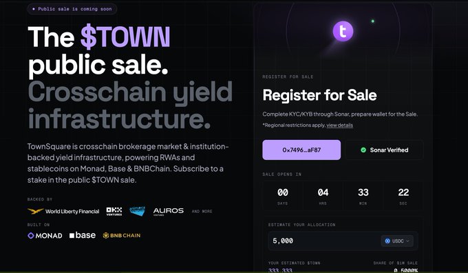 A promotional webpage for 'The $TOWN public sale' by TownSquare, described as 'Crosschain yield infrastructure' built on Monad, Base, and BNB Chain, with a countdown timer and registration section.