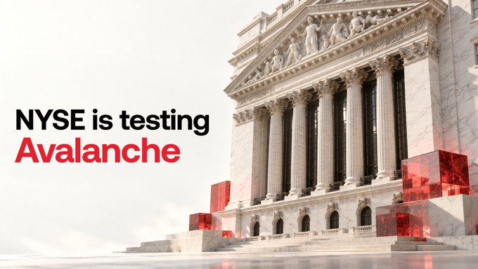 An image of the New York Stock Exchange building overlaid with the text 'NYSE is testing Avalanche' in black and red.